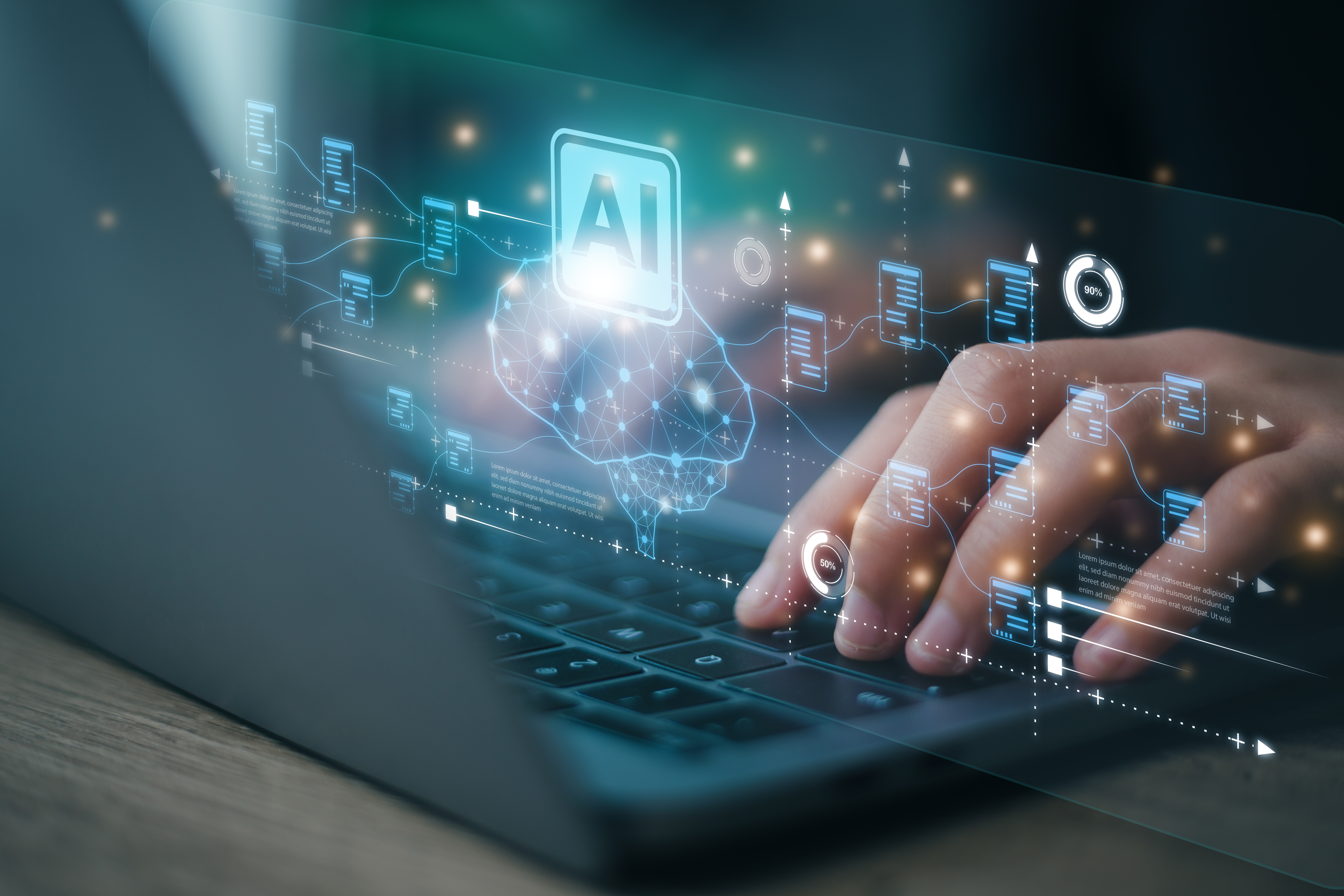 En person taster på en bærbar computer med AI-grafik, der kommer op ad tastaturet. 