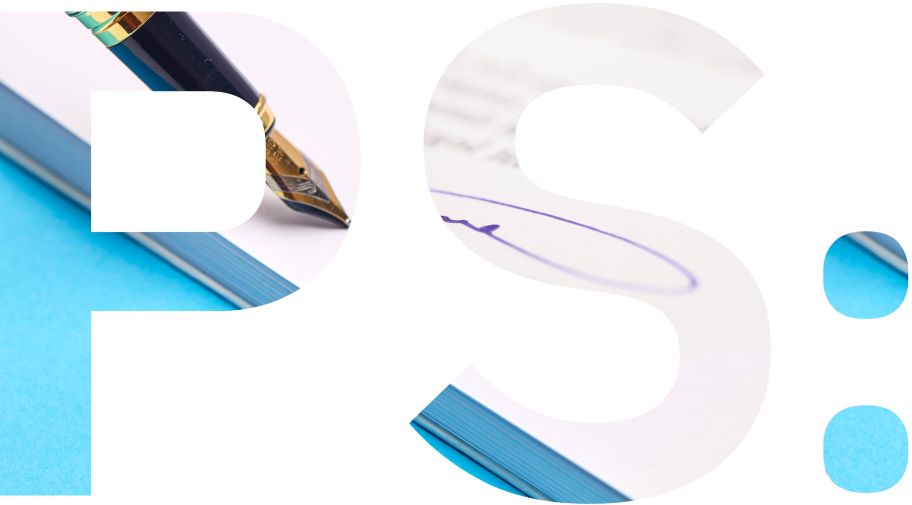 PS-logo hvor man gennem bogstaverne kan se et dokument, der er ved at blive underskrevet med en fyldepen.