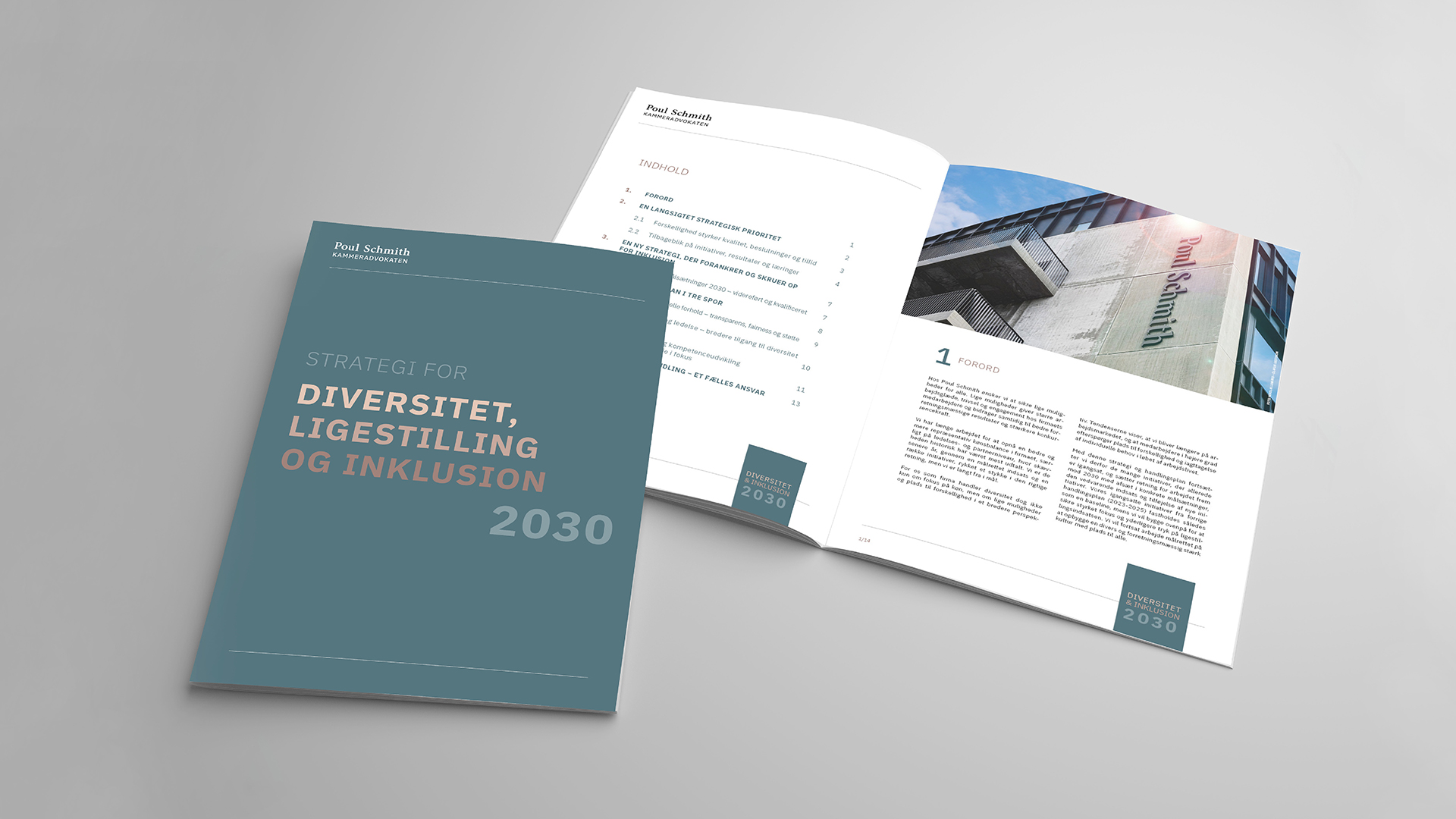 Forsiden og en opslået side i Poul Schmith's Strategi for diversitet, ligestilling og inklusion 2030.