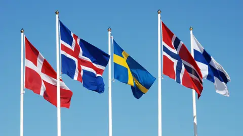 De nordiske flag med himlen som baggrund